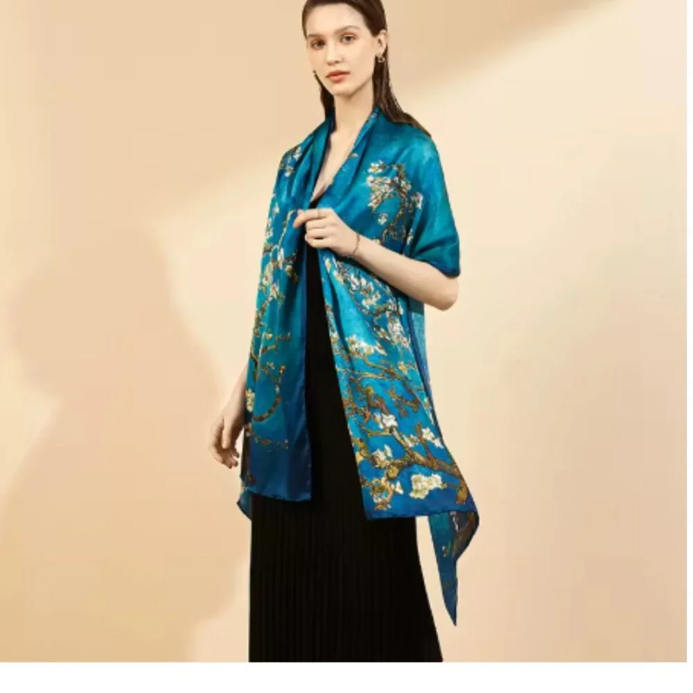 Van Gogh Cherry Blossom Silk Shawl Scarf 72x34 Artist Floral Wrap New